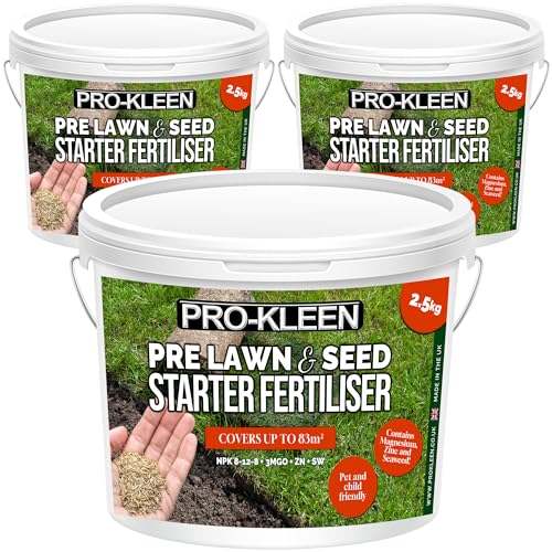 Pro-Kleen Pre Lawn & Seed Starter Fertiliser - Phosphorus Rich with Nitrogen, Potassium & Magnesium (NPK 8-12-8 + 3MgO) with Zinc & Seaweed - Non-Toxic & Non-Staining - Covers up to 249m2 (3 x 2.5kg)