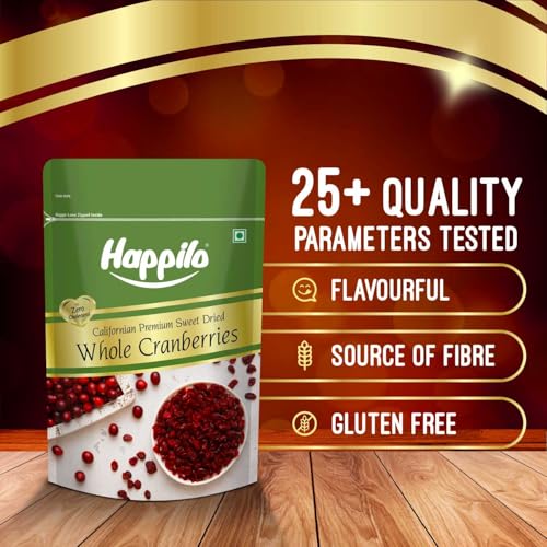 Image of Happilo Premium Californian Whole Cranberries Dried & Sweet Pouch 200 g (Pack of 2) | All Natural Dried Cranberries | Add them in Desserts or Breakfast | Healthy Dried Fruits