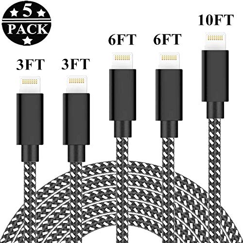 iPhone Charger Cable SHARLLEN iPhone Lightning Cable 5Pack 3/6/10FT Long Nylon Braided USB iPhone Data Cable Wire Fast Charging Cord Compatible iPhone11/XS/XR/X/8/7/6/iPad (Black White))