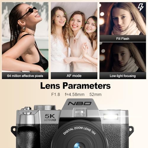 Image of NBD 5K Digital Cameras for Photography - 16X Zoom Travel Camera with 180 Flip Screen, 64MP Vlogging Cameras Fotograficas for YouTube, Auto Focus, Macro Lens, 2 Batteries & 64GB TF Card（Silver）