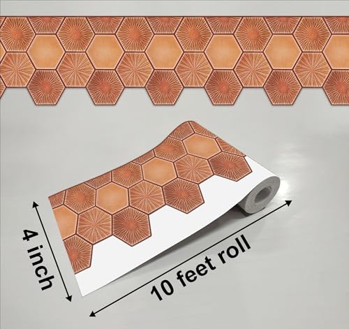 Image of WallDesign Terracotta Hexagon Tile Sticker - 4 in X 10 Ft Multipurpose Decorative Self-Adhesive Border for Kitchen Backsplash, Furniture, Wall, Cupboard, Staircase