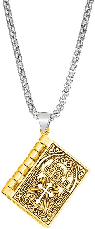 ONLYJUMP Holy Bible Book Pendant Necklace for Men Women Stainless Steel Book Necklace Retro Scripture Miniature Readable Bible Openable Prayer Verse Adjustable Chain Necklace Jewelry Gift