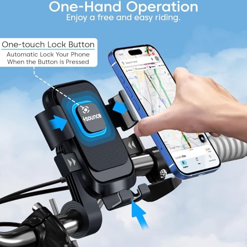 Image of Sounce HydroDock Bike Mobile Holder with 360 Degree Rotation Shock Resistant Anti Shake Design Firm Locking One Hand Operation Adjustable Handlebar Mount Compatible with All Smartphones Secure (Black)