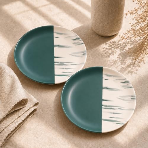 Image of The Earth Store Dual Tone Teal Italian 7 Inch Ceramic Quarter Plates Set of 6 | Microwave & Dishwasher Safe Plate | Half Plate for Dessert, Snacks, Dinner | Snack Plates for Gifting, Daily Use