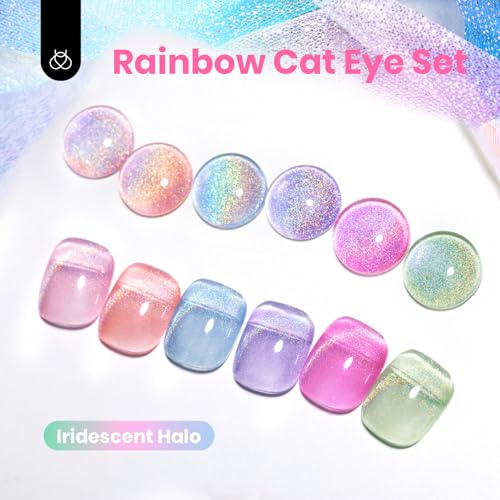 Image of Beetles Cat Eye Gel Nail Polish Set, 6 Colors Rainbow Cat Eye Gel | Pink Blue Green Purple Orange Magnet Soak Off UV Iridescent Halo Collection Salon Nail Art Manicure Gift for Women