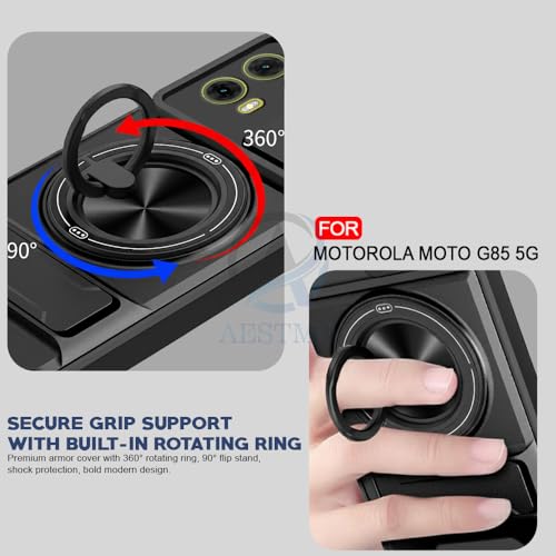 Image of AESTMO Moto G85 5G Back Cover | Armor Camera Slider 360 Degree Rotating Finger Ring Holder Case with Bracket Stand Back Case Cover for Moto G85 5G (Compatible with MagSafe Accessories) (Black)