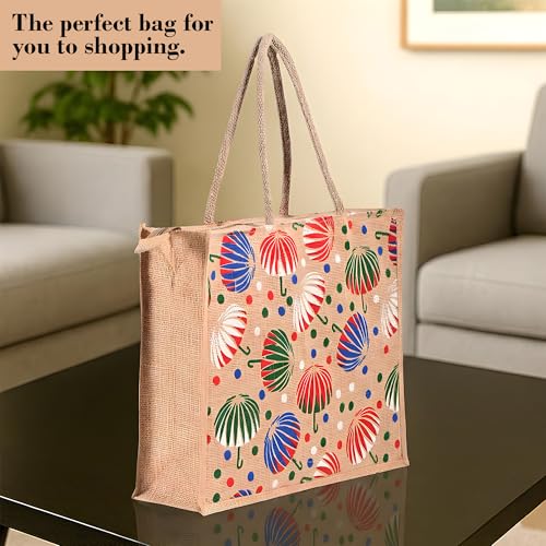 Image of Kuber Industries 2 Pcs Jute Shopping Bag for Women with Handle | Reusable Carry /Shopping Bag for Grocery, fruits & Vegetable | Umbrella Print - Brown