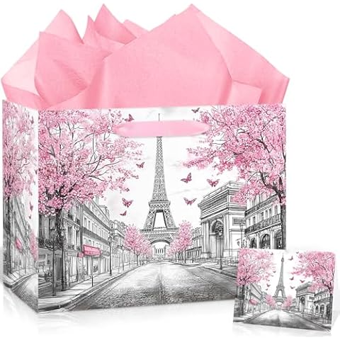 Pink Paris Theme Birthday Gift Bag for Women Girls Baby Shower Eiffel Tower Gift Bag Wrapping Paper Card Cherry Blossom Flower Large Gifts Bag for Baby Shower Paris Birthday Party Favors Supplies Cover