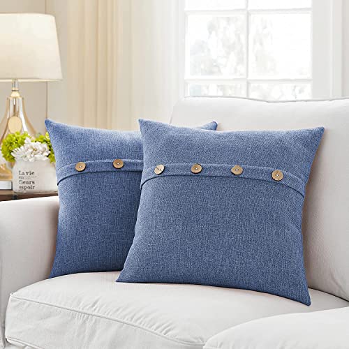 Khooti Decorative Jute Square Cushion Cover with Buttons Throw Pillow Cover Boho Design for Living Room Couch Diwan Sofa, Modern 28 x 28 Inches / 70 x 70 cm (Color - Navy Blue)(Set of 2 Pieces) C5