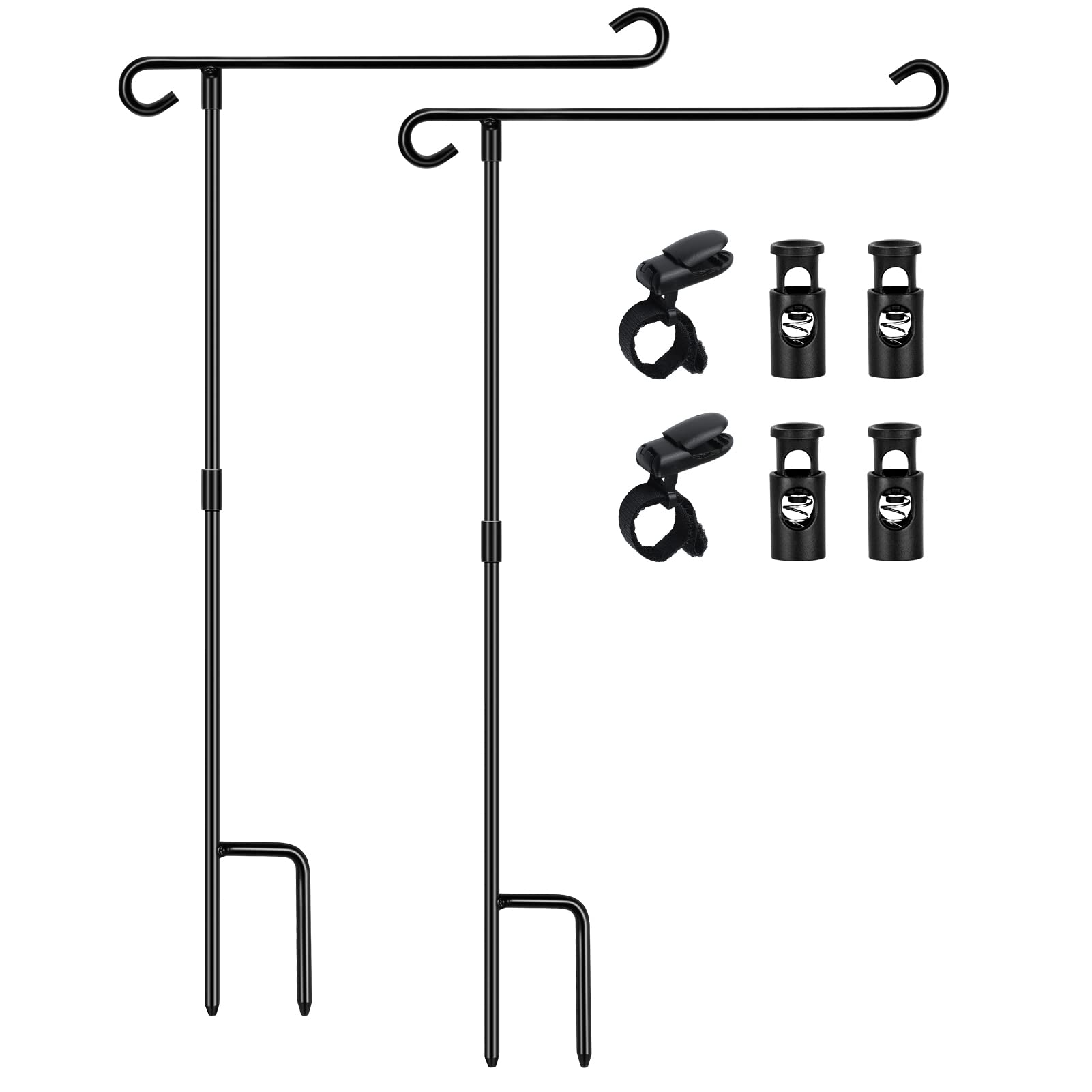 HOOSUN Garden Flag Stand Holder Pole Easy to Install Strong Sturdy Wrought Iron Fits 12.5" x 18" Mini Flag with 1 Tiger Clip Curved Hook with S Type 2 Pack