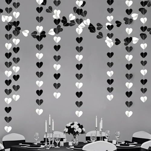 Image of Black White-Silver Party-Decorations Streamers Heart Garland - 39Ft Graduation Men 21st Birthday Hanging Paper Banner,Baby Bridal Shower Wedding Engagement Bachelorette Backdrop Party Supplies Decor