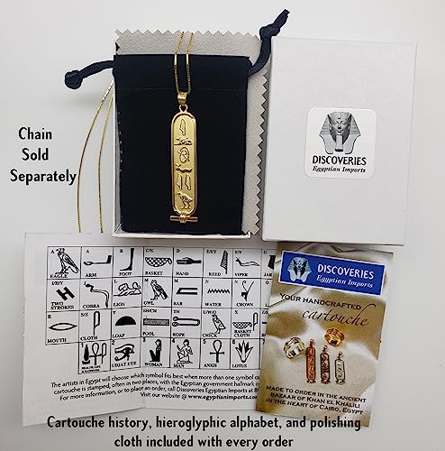 Made in Egypt - Personalized Cartouche Pendant - Available in 14K Gold, 18K Gold and Sterling Silver - 1-Sided Solid Pendant - Translate Any letters into Hieroglyphs - Discoveries Egyptian Imports - Handmade in Egypt4