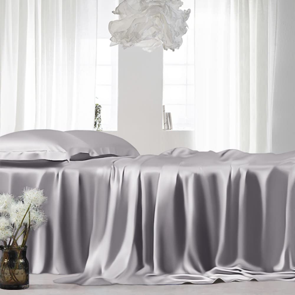 Queen Silk Sheet Set – 7 Piece True Silk Sheets Set- True Silk Duvet Set - Hotel Luxury Bed Sheets - Extra Soft - Deep Pockets - Breathable & Cooling - Wrinkle Free - Comfy-Silver Grey Bed Sheets