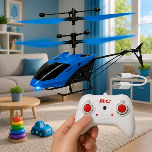 Image of KIDZYMON Dual Operating Gravity Sensor Flying Helicopter Toy for Kids, Rechargeable Battery, Up & Down Flight, 3D LED Lights, Safety Sensor, Hand & Remote-Controlled, Age 4+ Years, Pack of 1 (Blue)