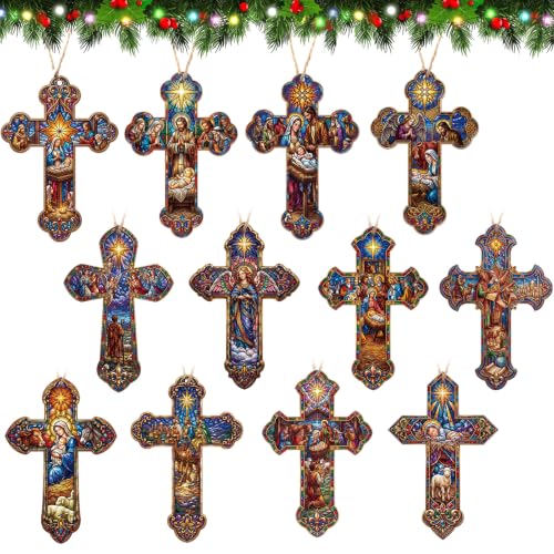 Image of Vercraft 24 Pcs Wooden Cross for Christmas Ornaments, 3D Nativity Scene Hanging Decorations, Religious Christian Xmas Tree Ornament Set, Scripture Engraved Jesus Birth Manger Decor for Home Holiday