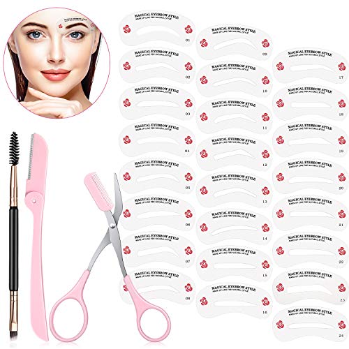 51 Pieces Eyebrow Stencil Shaper Kit, Include 24 Pairs Reusable Plastic Eyebrow Templates Eyebrow Grooming Shaping Stencil with Eyebrow Razor Trimmer, Eyebrow Scissor, Eyebrow Brush DIY Grooming Tools