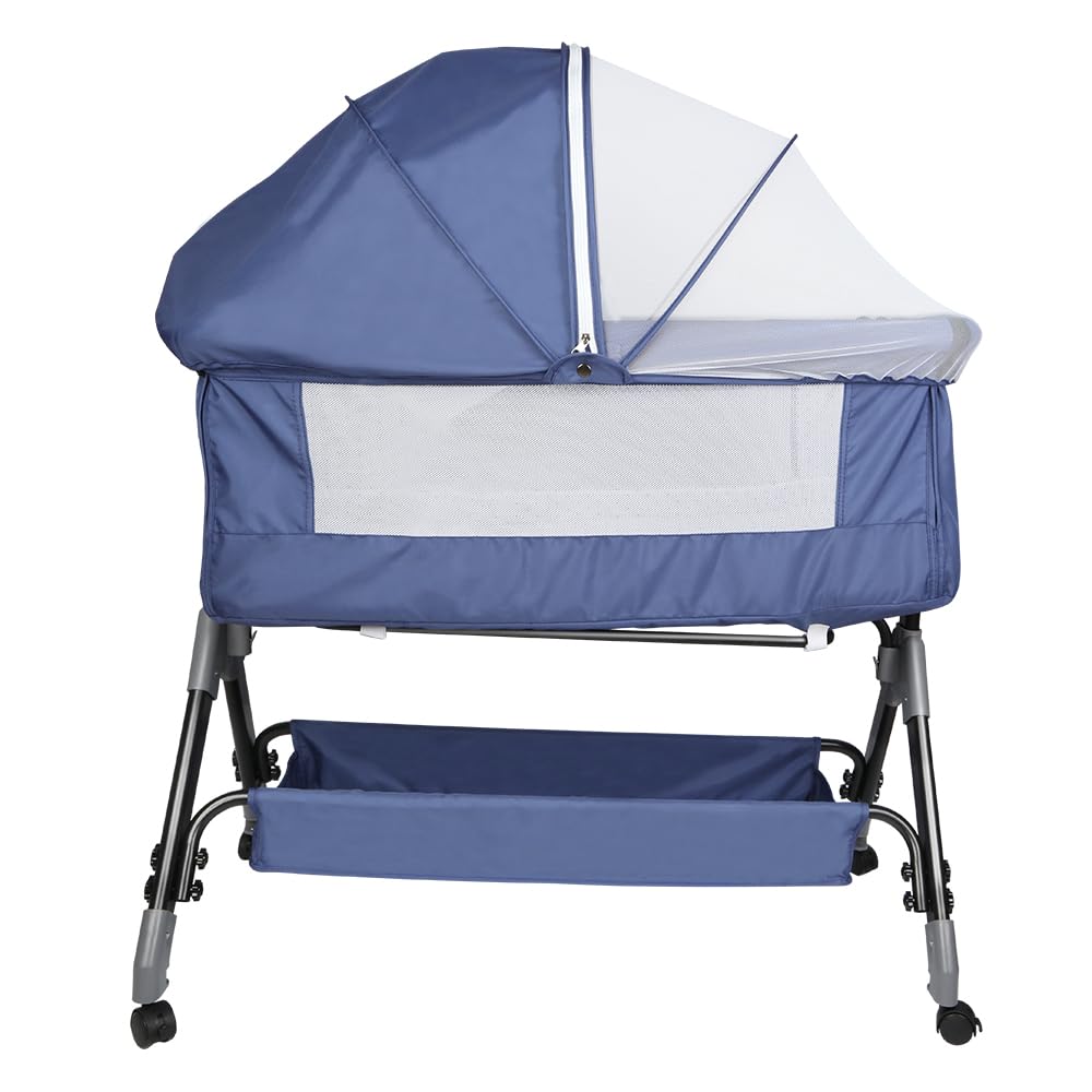 HUOLE Cuna para Recién Nacido, Sostenible, Compatible con Diferentes Camas, Altura Ajustable（4 Alturas）, Inclinable, Buena Circulación de Aire, Colchón Incluidos-104 * 52 * 100-110 cm-Azul Marino