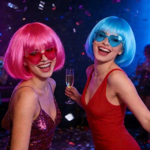 Image of DAJOOEE 2 Pack Party Wigs Wig Cap and Sunglass Set,Short Bob Hair Wigs Straight with Flat Bangs Synthetic Colorful Cosplay Daily Party Neon Wig for Women (Pink Blue)