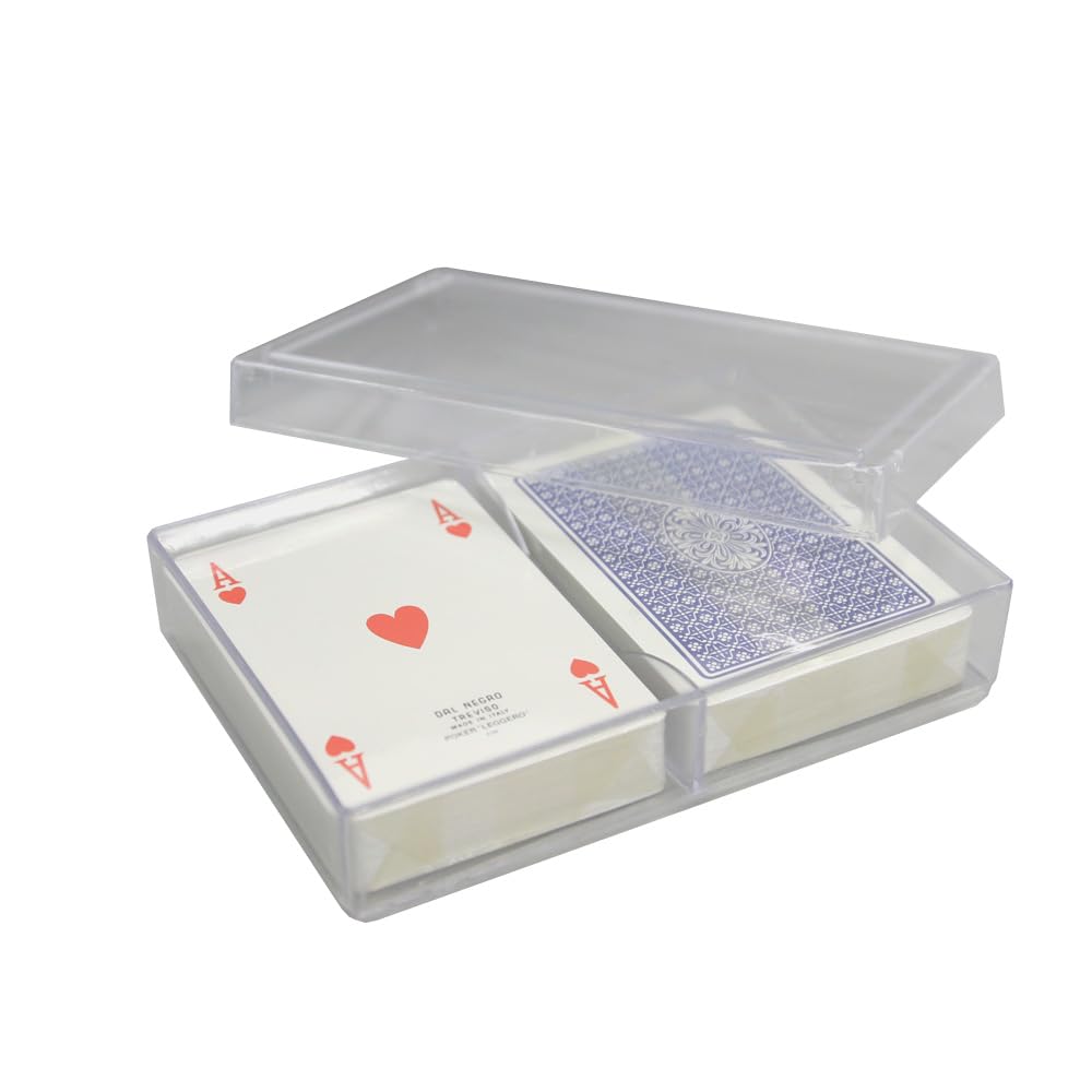 Confezione, scatolina in plastica trasparente con due mazzi da 54 carte rosse e blu, in cartoncino plastificato, misura confezione 14,5x10 centimetri, due mazzi sigillati (confezione da 50 pezzi)
