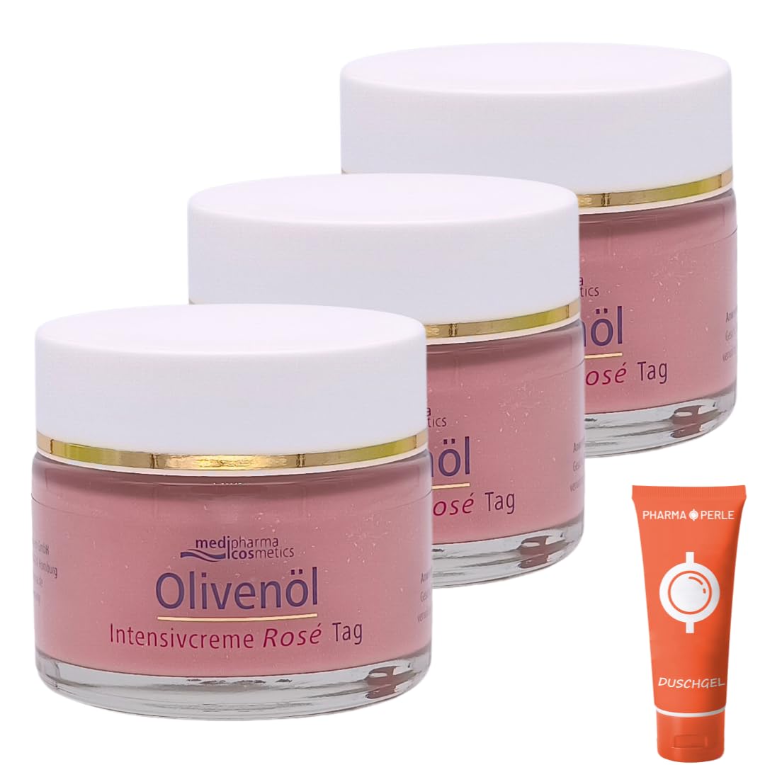 Olivenöl Intensivcreme Rosé Tagescreme 3x 50 ml I Rosig-Strahlender Teint I Verleiht spürbare Glätte I Reichhaltige Tagespflege I für reife, anspruchsvolle Haut I Spar-Set plus Pharma Perle give-away