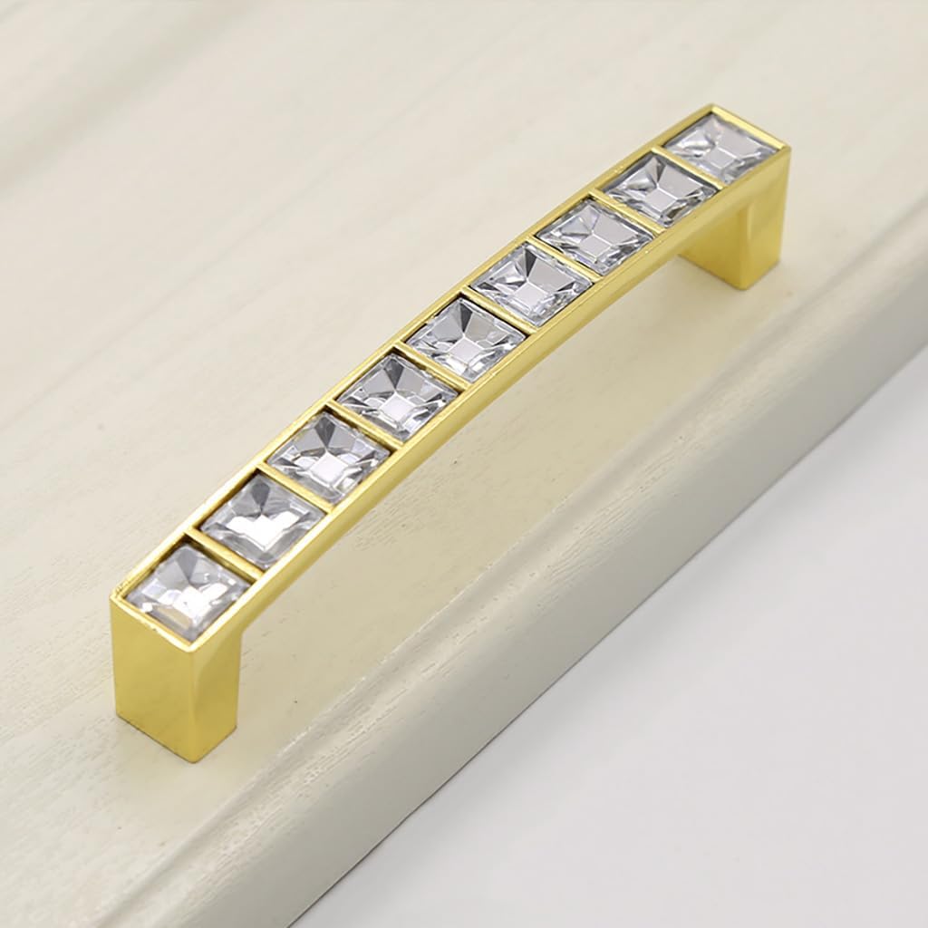 10 Pack Gold U Shape Crystal Glass Rhinestone Cabinet Pulls Knobs Handles,Modern Decorated Shiny Dresser Drawer Konbs Pulls Handles for Cupboard Wardrobe Dresser (10 Pack, 3.8" Hole Centers)