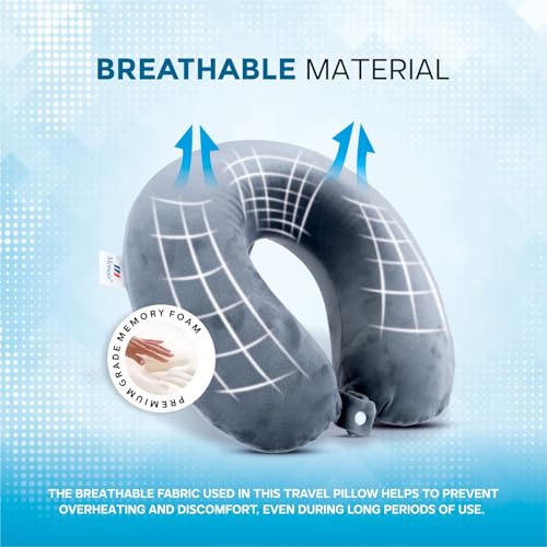 Image of Memoir Memory Foam U-Neck Travel Pillow - Grey | Neck Support | Round Shape | Soft Velvet Cover | Men & Women