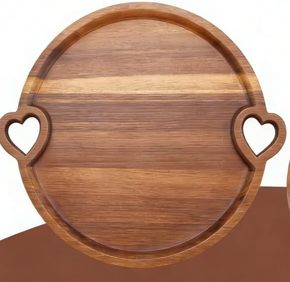 13in Round Acacia Wood Serving Tray with 2 Built-in Heart Handles | Versatile Serving Board for Coffee Table, Parties & Daily Dining | Large Charcuterie & Cheese Platter, Decorative Gift Tray