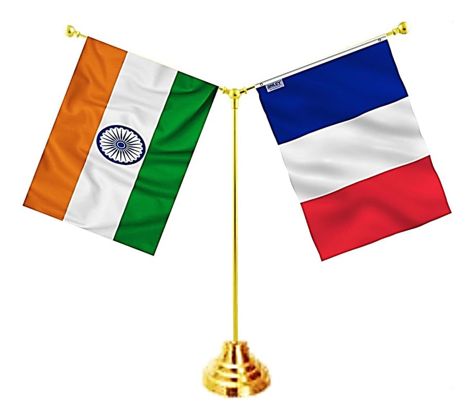 FRANCE & INDIA Miniature Flags - Shining & Bright Cotton Cloth with Y-Shape Classy Brass Base Table Stand-image-15