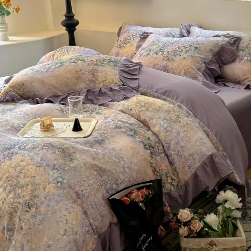 Image of VM VOUGEMARKET Double Gauze Duvet Cover Set Twin Puprle Ruffle with Flower | Vintage Purple Floral with Lavender Ruffle,Romantic Cottagecore Botanical Printed Bedding