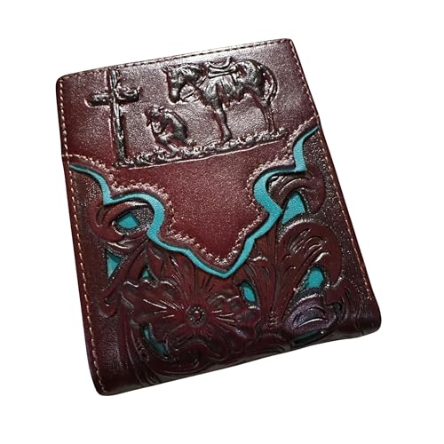 Men’s Short Leather Wallet – Embossed Cowboy Praying at Cross with Laser Cut Design – Christian Western Bifold Wallet for Ranchers, Cowboys & Faith-Based Gifts