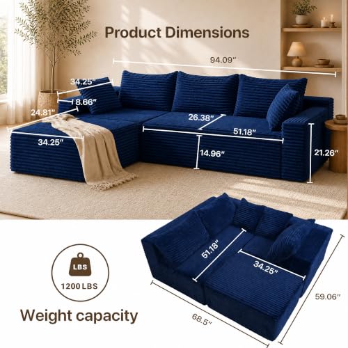 Image of Claiks 94 inch Boneless Couch, L-Shape Corduroy Modular Sectional Sofa Deep Seat,No Assembly Required, Blue