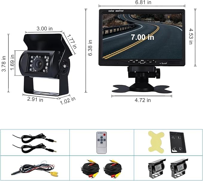 Kit Monitor LCD 7 Pollici TFT + 2 Telecamere IP68 (Frontale e Posteriore, Bianche o Nere) – Display a Colori con Ingresso AV Universale, Sistema Retrocamera Auto, Camper e Camion (Nera)