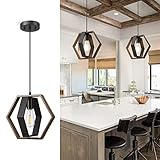 EDISHINE Pendant Lights for Kitchen Island, Farmhouse Hanging Light Fixture with Wood Grain and Black Finish, Adjustable Height Pendant Light for Kitchen Table, Hallway, Entry, cULus Listed