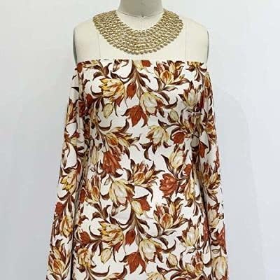 Ecru Rust Mustard Medium Floral Design Printed Poly Moroccan Fabric by The Yard