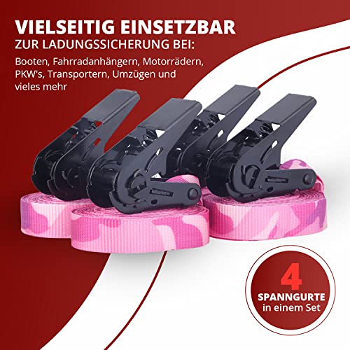 Miniatura 3 de Juego De 4 Correas De Trinquete 25mm Rosa Camuflaje 6m De Largo I Correas De Tensión Con Trinquete 900 Dan Según Din En 12195-2 I 4 Correas De Amarre Certificado Por El Tüv I Correas De Transporte