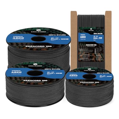 Kamu Synber 2mm Paracord 15M 100% Nylon Corda Paracadute 1 Fili Tipo I per Sopravvivenza, Esterno, DIY | Supporto 45kg | Nero