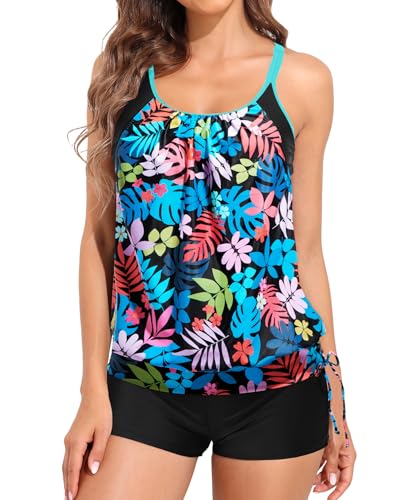 Image of Holipick Blouson Tankini Swimsuits for Women - Two Piece Tummy Control Bathing Suit with Shorts Modest Swimwear