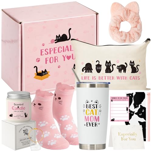 Cat Mom Gift Set with Tumbler, Socks, Candle