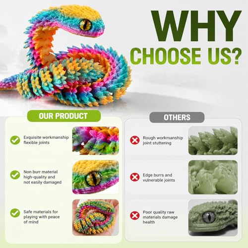 Image of 9Pcs 12in 3D Printed Snake Toys Flexible 3D Printed Animals for Home Desk Decor Christmas Fidget Toys Gifts