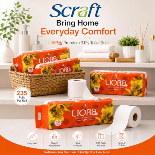 Image of Liora 3 Ply Toilet Paper Roll | 2350 Pulls (235 Pulls x 10 Rolls) | Ultra Soft & Highly Absorbent Toilet Tissue Paper | Premium Bathroom Tissue Roll for Home, Office, Hotel & Restaurant