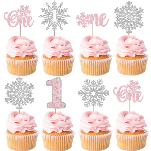 Rsstarxi 24 Pack Snowflake Cupcake Toppers - Pink Snowflake One Cupcake Picks Baby Shower First Birthday Cake Decorations for Winter Onederland Party