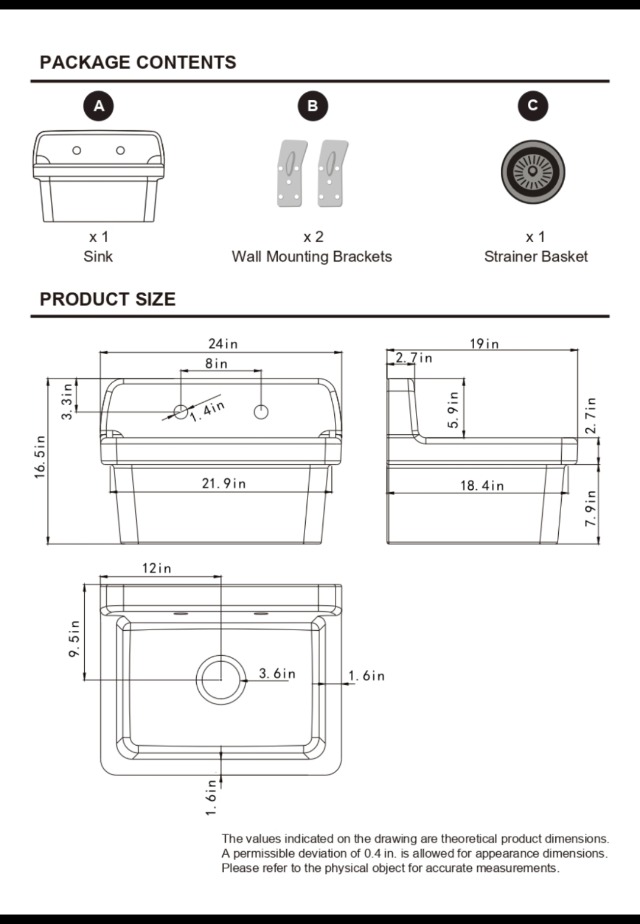 ELLAI 24 Inch White Ceramic Farm Style Wall Mount Utility Sink