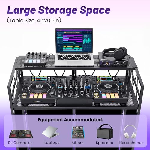 Image of CAHAYA DJ Booth Stand Portable - DJ Table Facade for Laptop Double Top Storage Height Adjustable with Black & White Scrims DJ Stand Foldable with Storage Bag, Cable Holes, 40.7 inch L x 19.7 inch W, Black