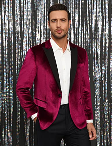 TURETRENDY Men's Velvet Blazer One Button Solid Wedding Blazers Slim Fit Luxury Velour Suit Jacket for Dinner,Prom,Party Red S2