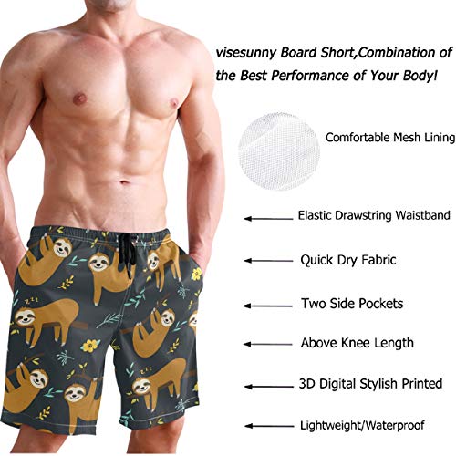 Visesunny Cartoon Sloth Animal Print Men's Swimtrunks Quick Dry Casual Mesh Lining Beach Board Shorts With Pockets #TOP2
