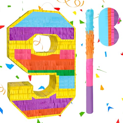 Piñata chiffre 9 arc-en-ciel avec bâton et masque pour anniversaire enfant
