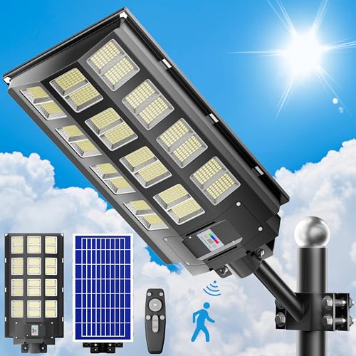 loyoele Solar Street Light 8000W Outdoor Waterproof, Solar Outdoor LED Street Light 120000 Lumens 7000K Dusk to Dawn, LED Wide Angle Lamp with Motion Sensor, for Parking Lot, Yard 1-Pack Bla