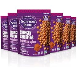 Saffron Road Roasted and Crunchy Bombay Spice Chickpeas | High Protein Snacks | Gluten-free | Vegan High Fiber Snacks | Certified Halal and Kosher | 5.4oz Pouch | Pack of 6