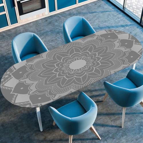 Fansu Mandala Mantel Ovalado de Elástica Ajustada Protector de Mesa con Bordes,Manteles Antimanchas Lavable Decorativo para Fiestas de Picnic al Aire Libre (Gris,122cmx173m（48'x68'）)