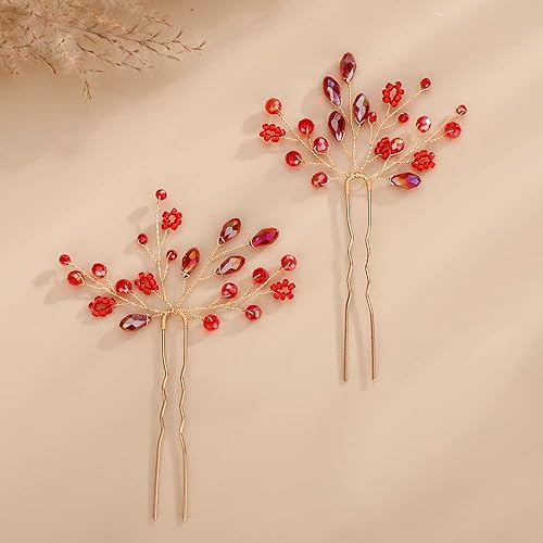 Miniatura 2 de Teyglen Juego de 2 alfileres de cristal para novia de boda, cuentas de diamantes de imitación rojos, accesorios para el cabello de novia, oro,